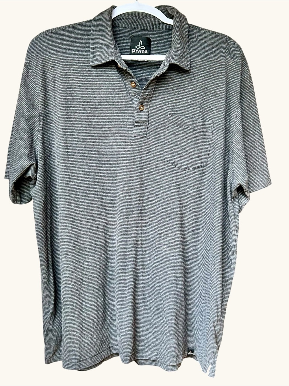 prAna Men’s XL Gray Striped Polo Shirt Organic Cotton Casual Outdoor Pocket Tee
